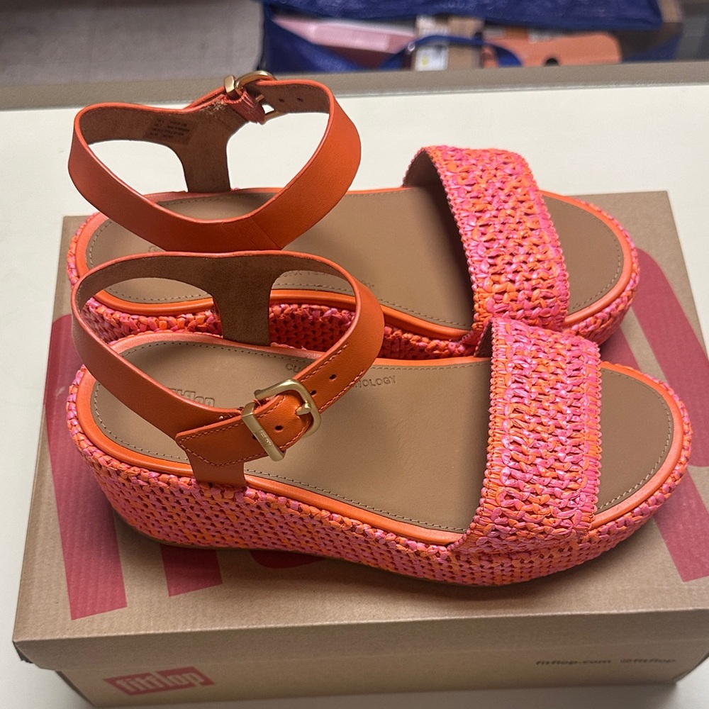 Fitflop Women's Orange and Pink Woven Platform Sandals - Picture 10 of 13